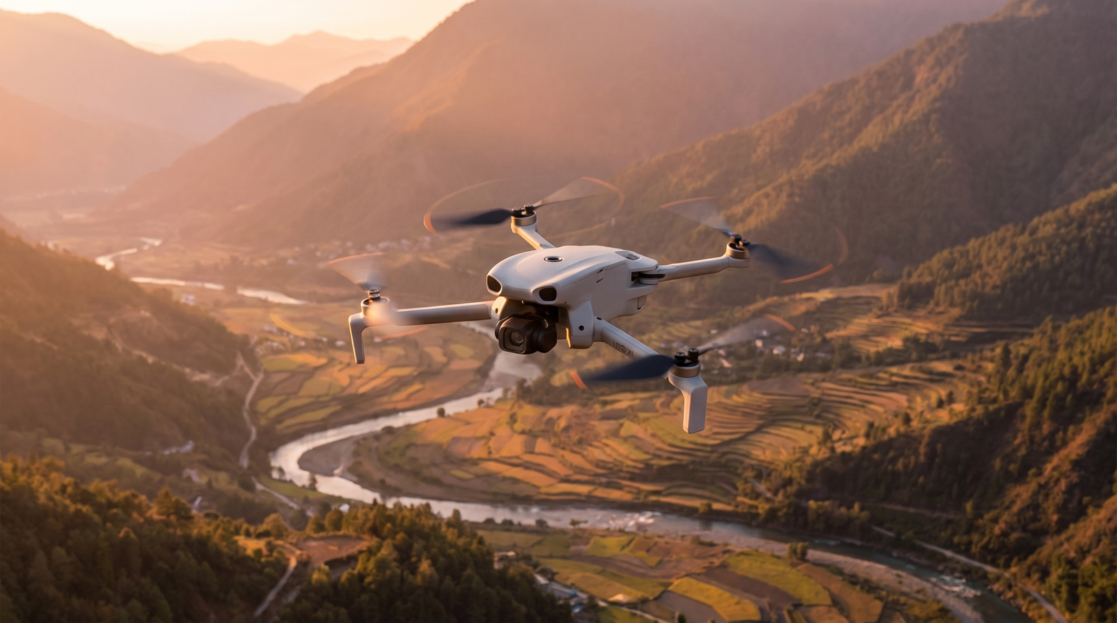 DJI Lito X1 em voo sobre um vale ao entardecer