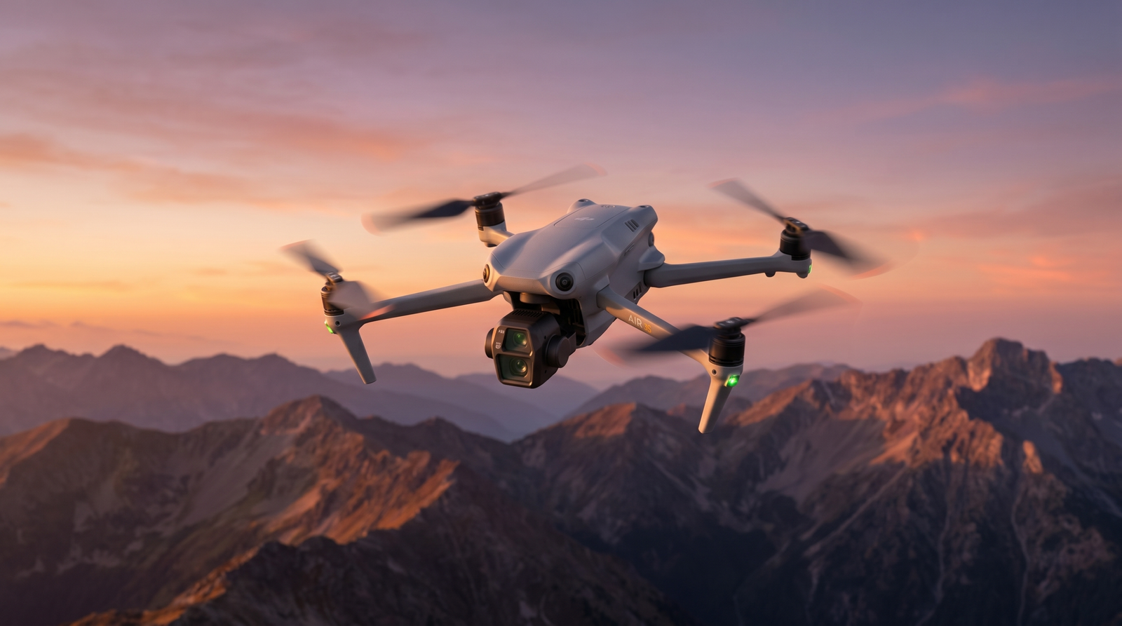 DJI Air 3S com câmera dupla em voo sobre montanhas