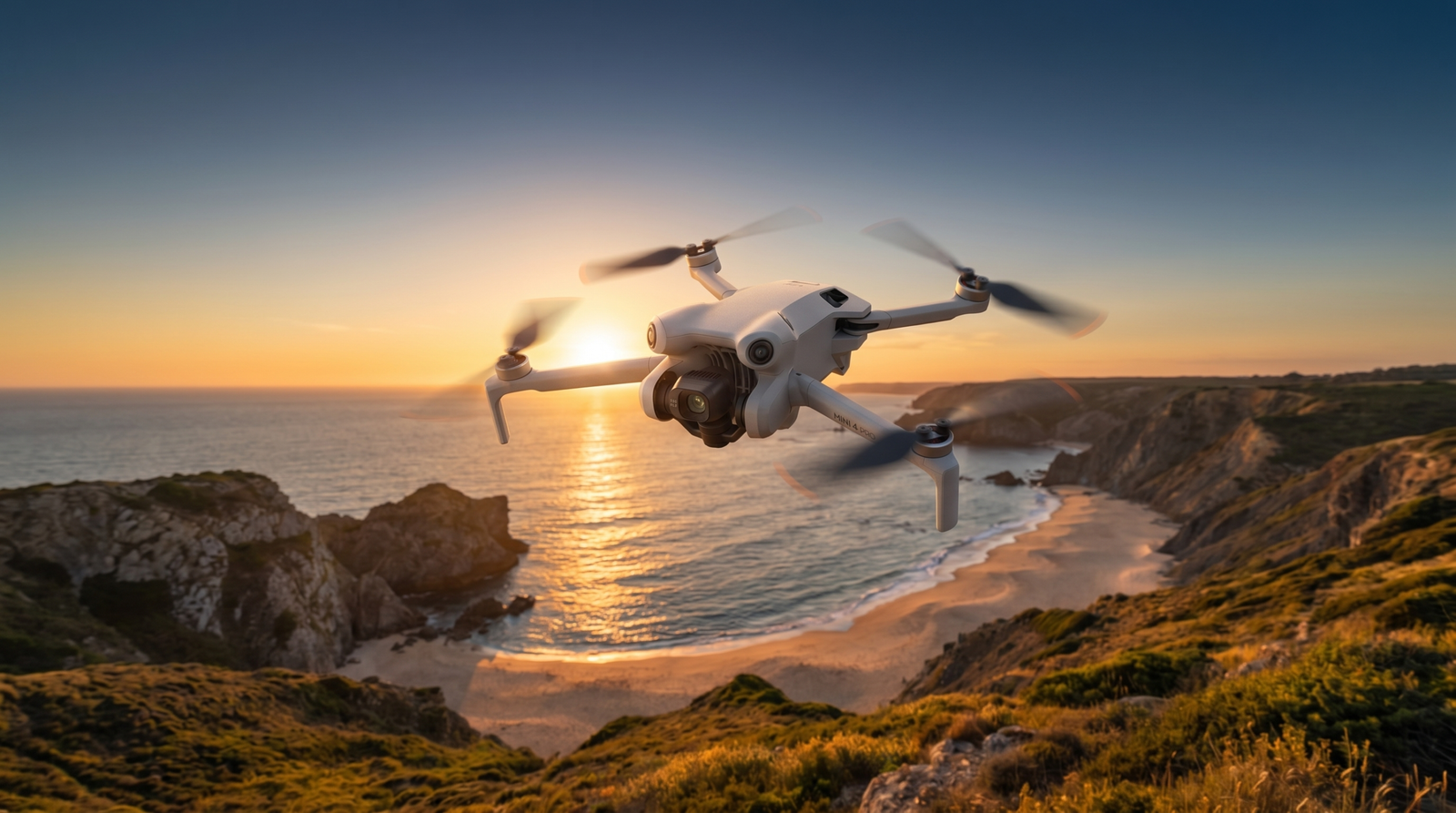 DJI Mini 4 Pro em voo sobre o litoral ao entardecer