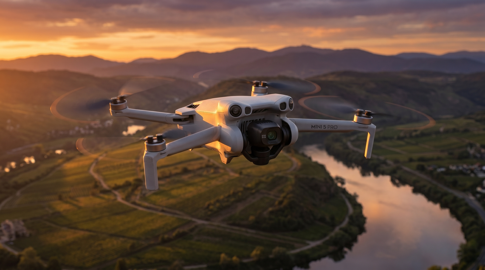 DJI Mini 5 Pro voando ao entardecer sobre uma paisagem, ilustrando o voo com pouca luz e o LiDAR
