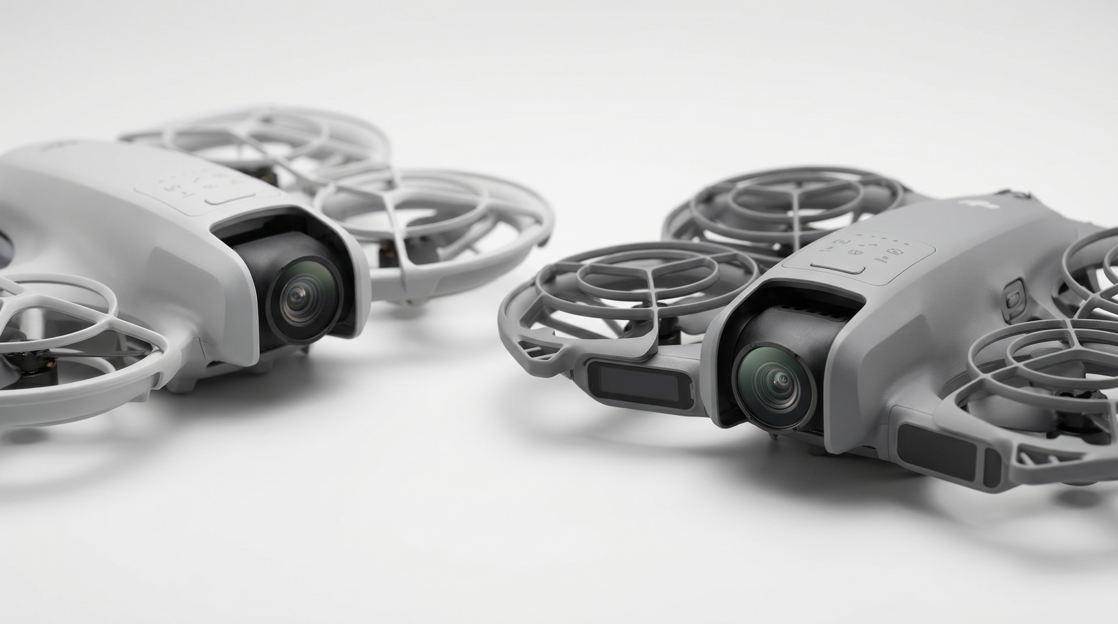 DJI Neo e DJI Neo 2 lado a lado, em destaque para os gimbais das cameras