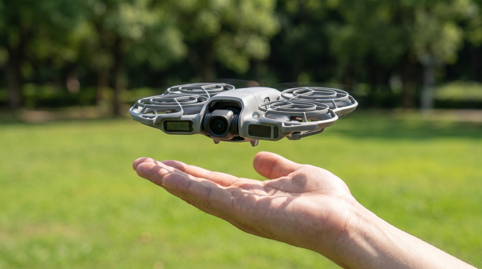 DJI Neo 2 decolando da palma da mao em um parque ensolarado