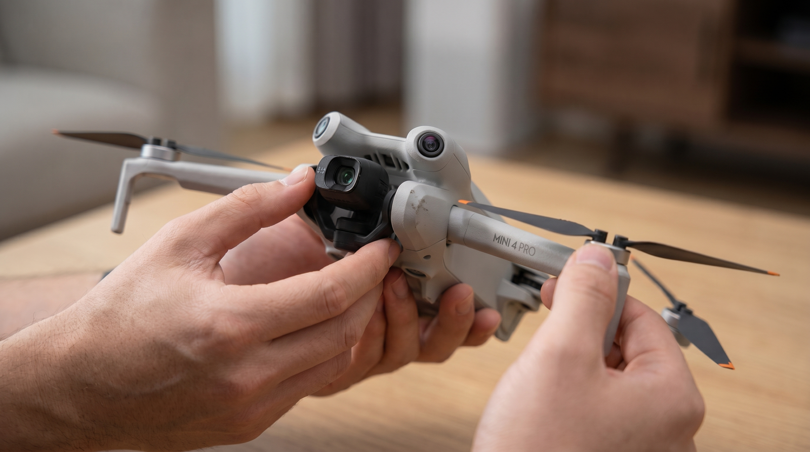 Comprador inspecionando um drone usado, conferindo gimbal e helices