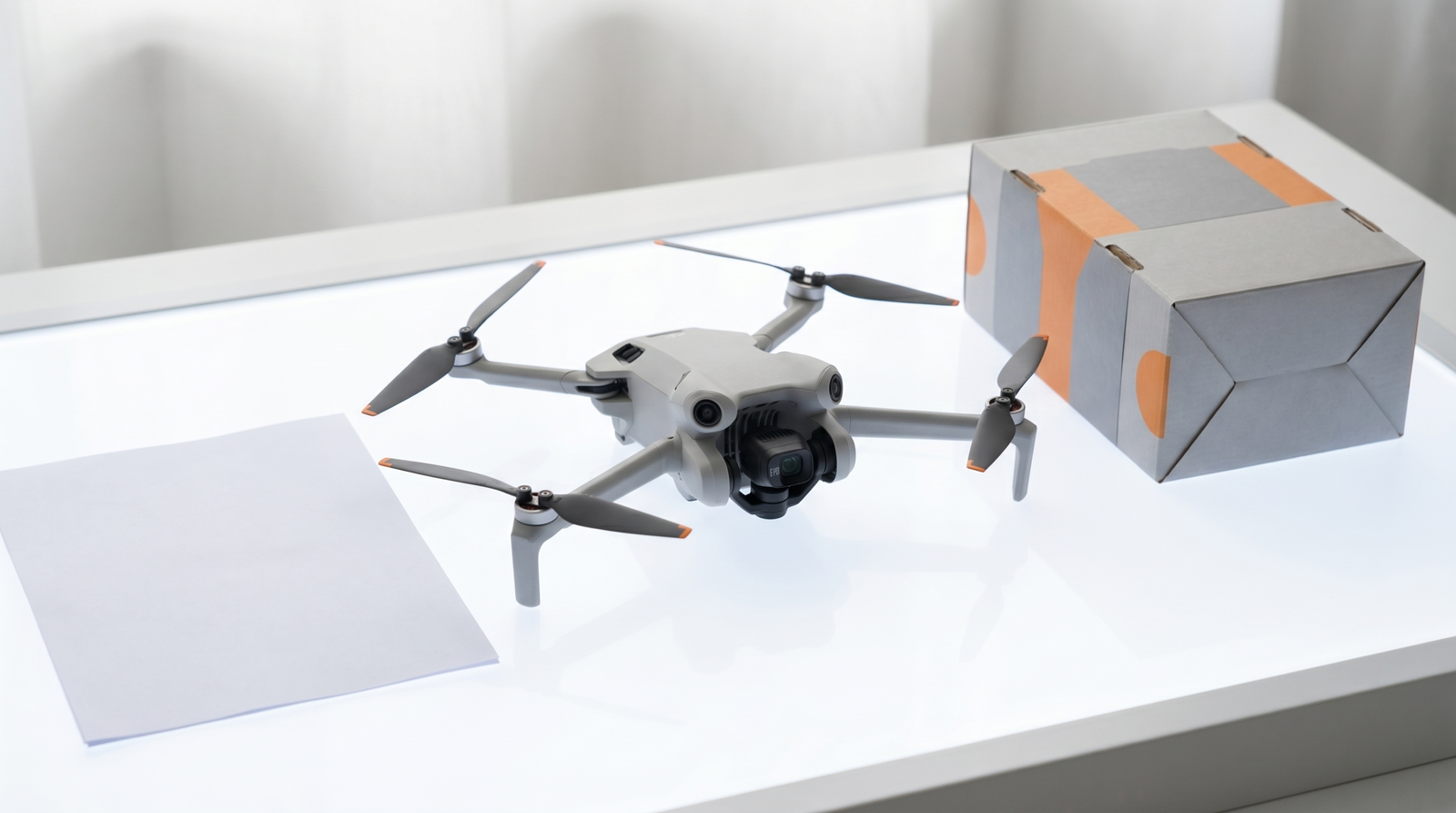 Drone DJI novo ao lado da caixa e da nota fiscal