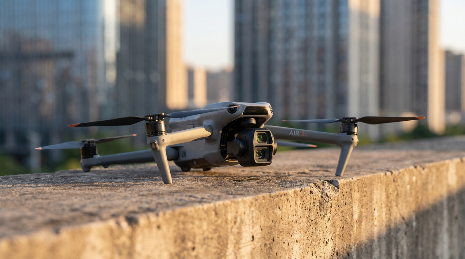 Drone DJI Air 3S em destaque sobre uma mureta com predios urbanos ao fundo