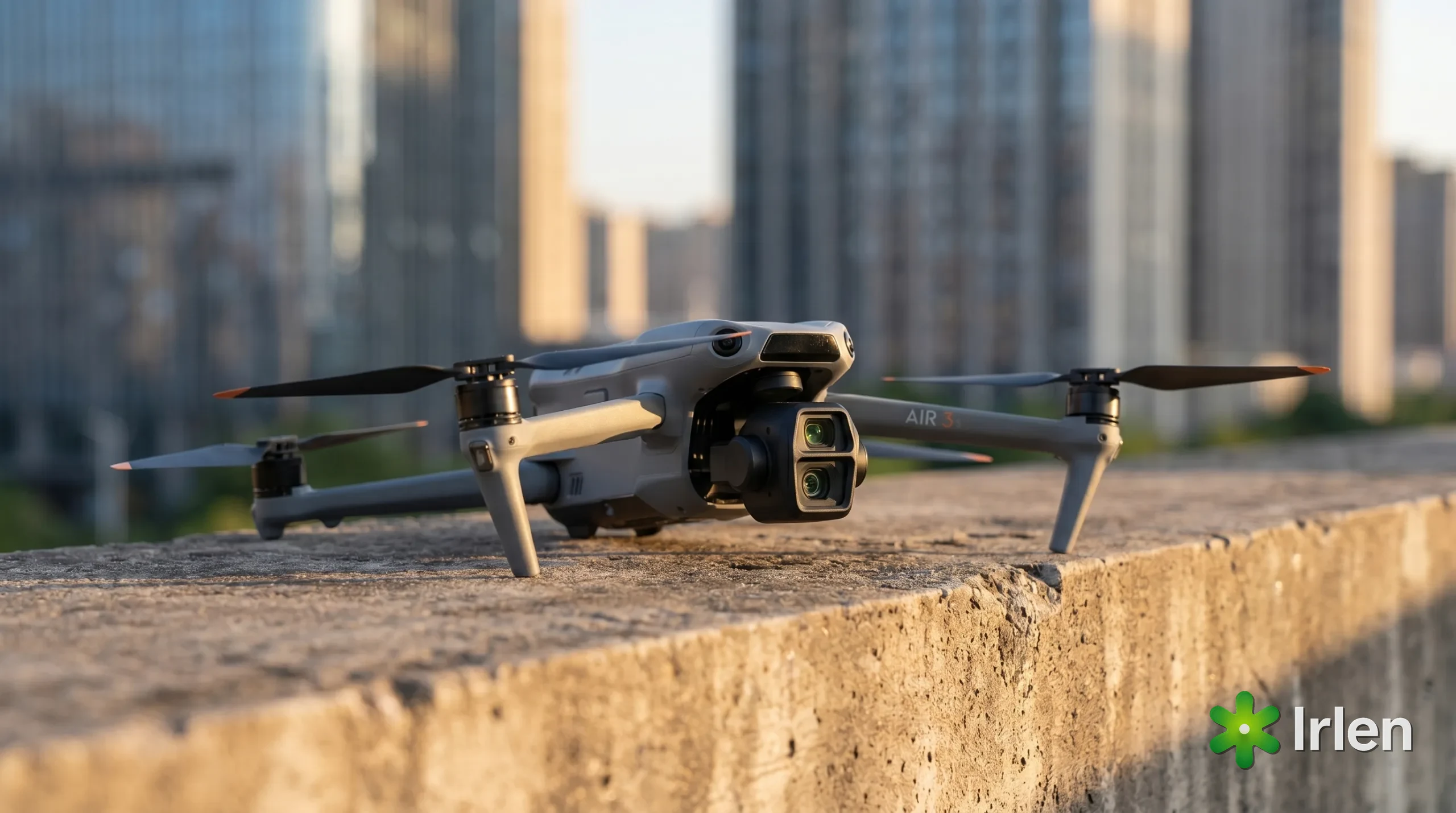 Drone DJI Air 3S em destaque sobre uma mureta com predios urbanos ao fundo