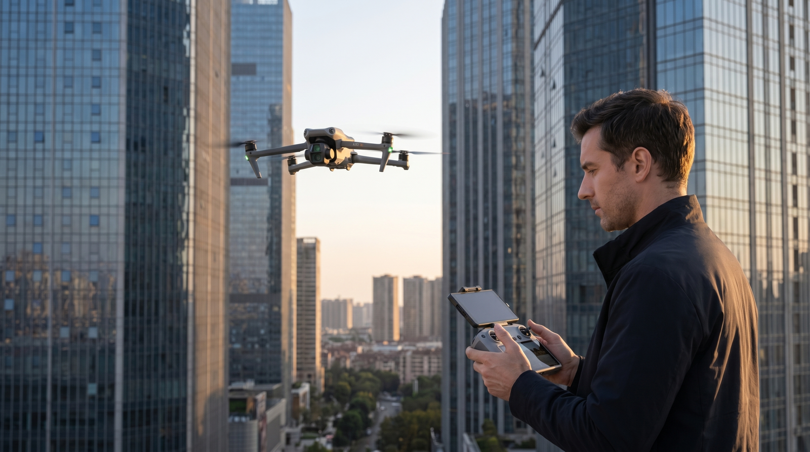 Piloto operando o drone DJI Air 3S em voo entre torres e predios altos da cidade