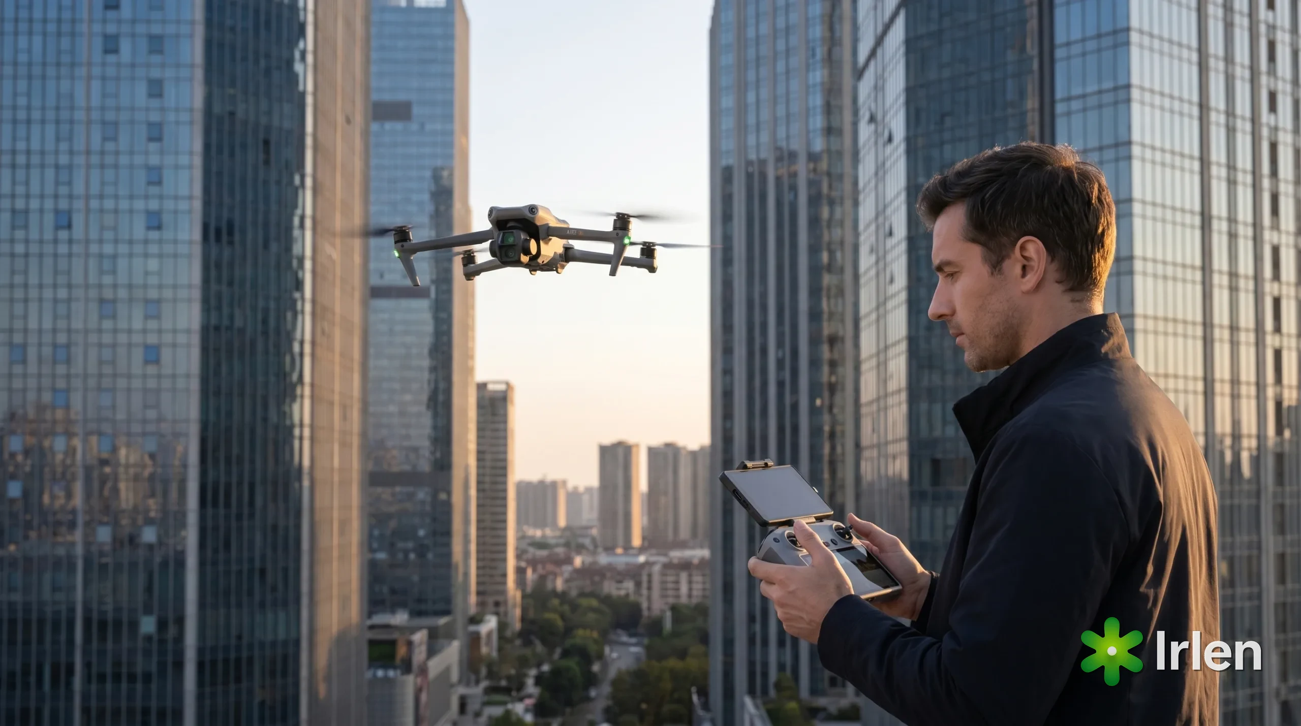 Piloto operando o drone DJI Air 3S em voo entre torres e predios altos da cidade