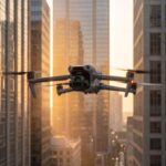 Drone DJI Air 3S voando entre arranha-ceus em um canyon urbano ao entardecer