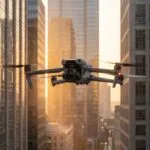 Drone DJI Air 3S voando entre arranha-ceus em um canyon urbano ao entardecer