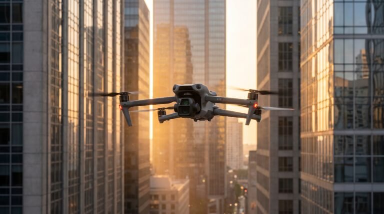Drone DJI Air 3S voando entre arranha-ceus em um canyon urbano ao entardecer