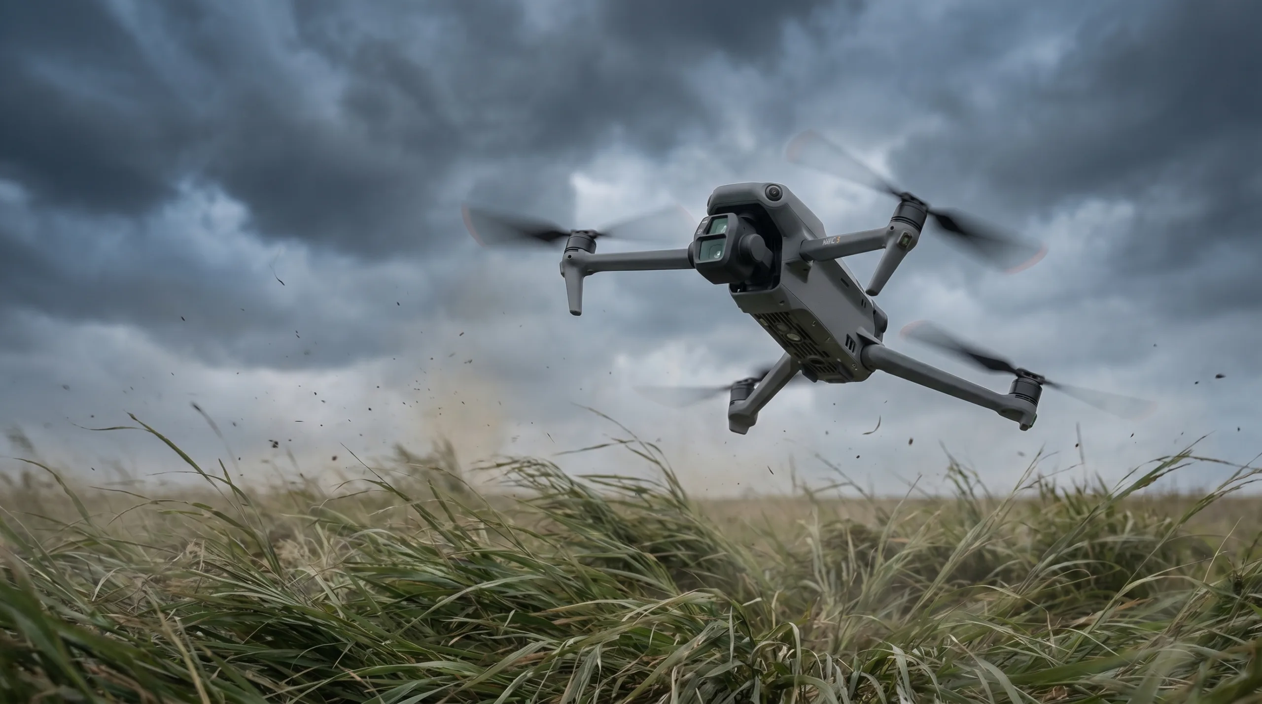 Drone inclinado lutando contra o vento forte sobre um campo aberto