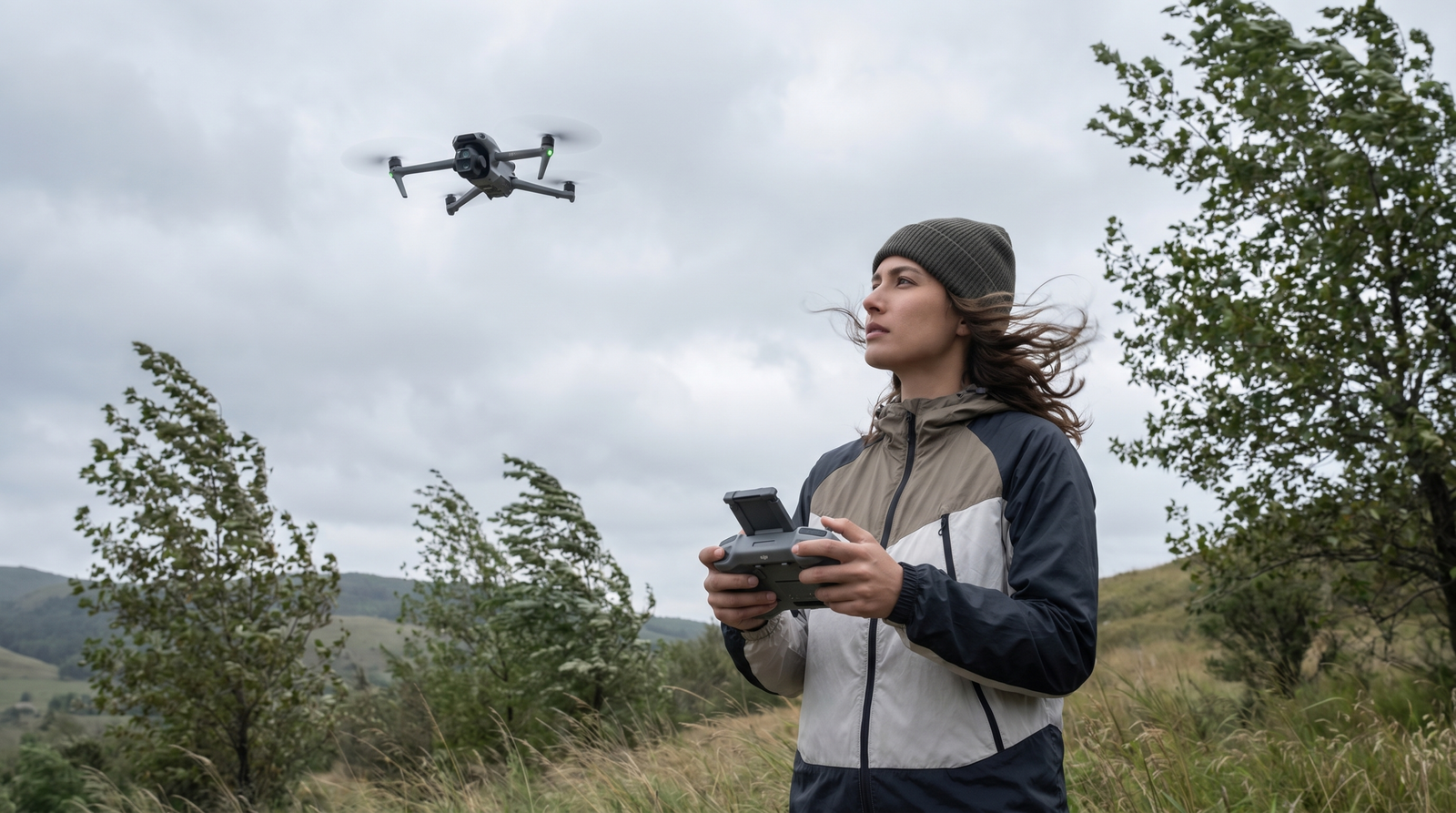 Piloto segurando o controle em dia de vento, com um drone no ar