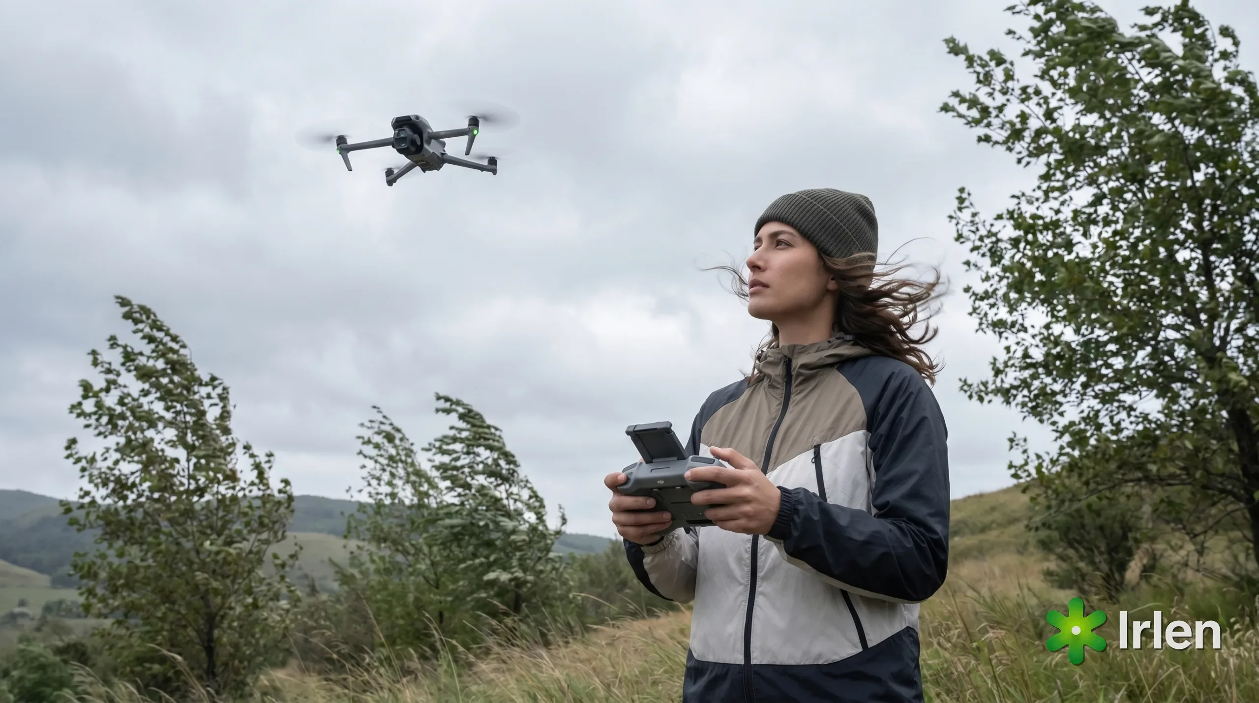 Piloto segurando o controle em dia de vento, com um drone no ar