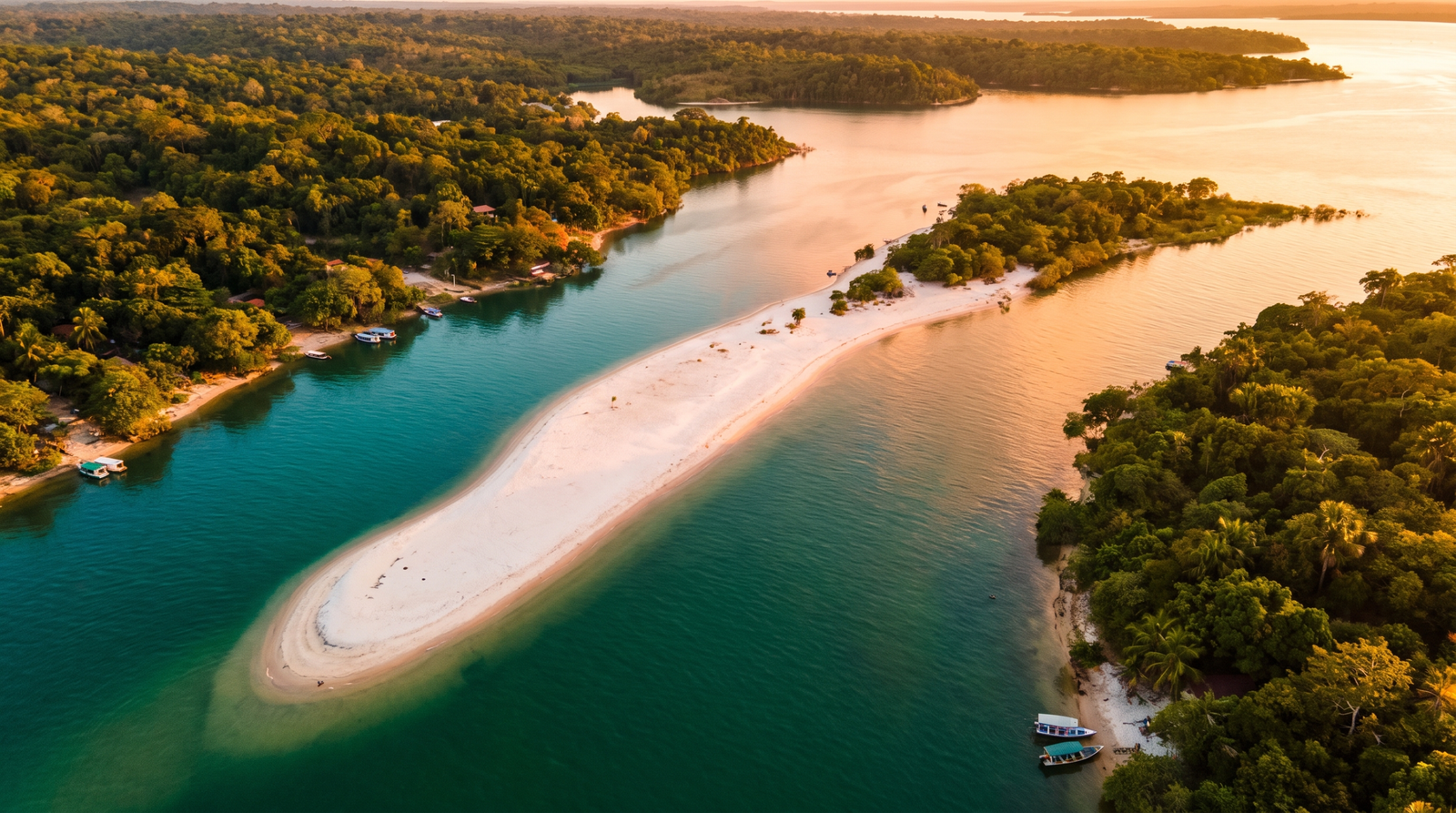 Foto aerea da Ilha do Amor cercada pela agua turquesa do Tapajos em Alter do Chao