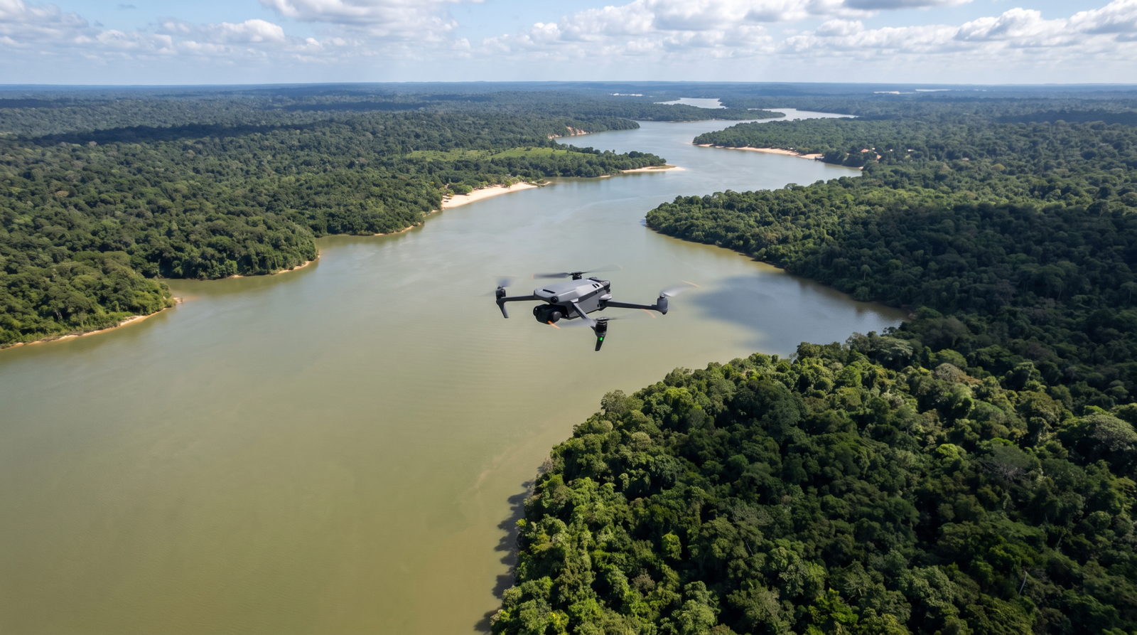 Drone DJI-style voando alto sobre o rio Tapajos e a mata em Alter do Chao