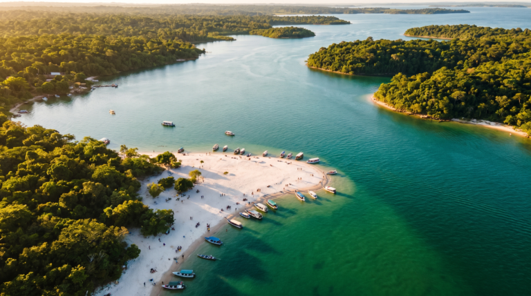 Vista aerea da Ilha do Amor e das aguas do Tapajos em Alter do Chao ao entardecer