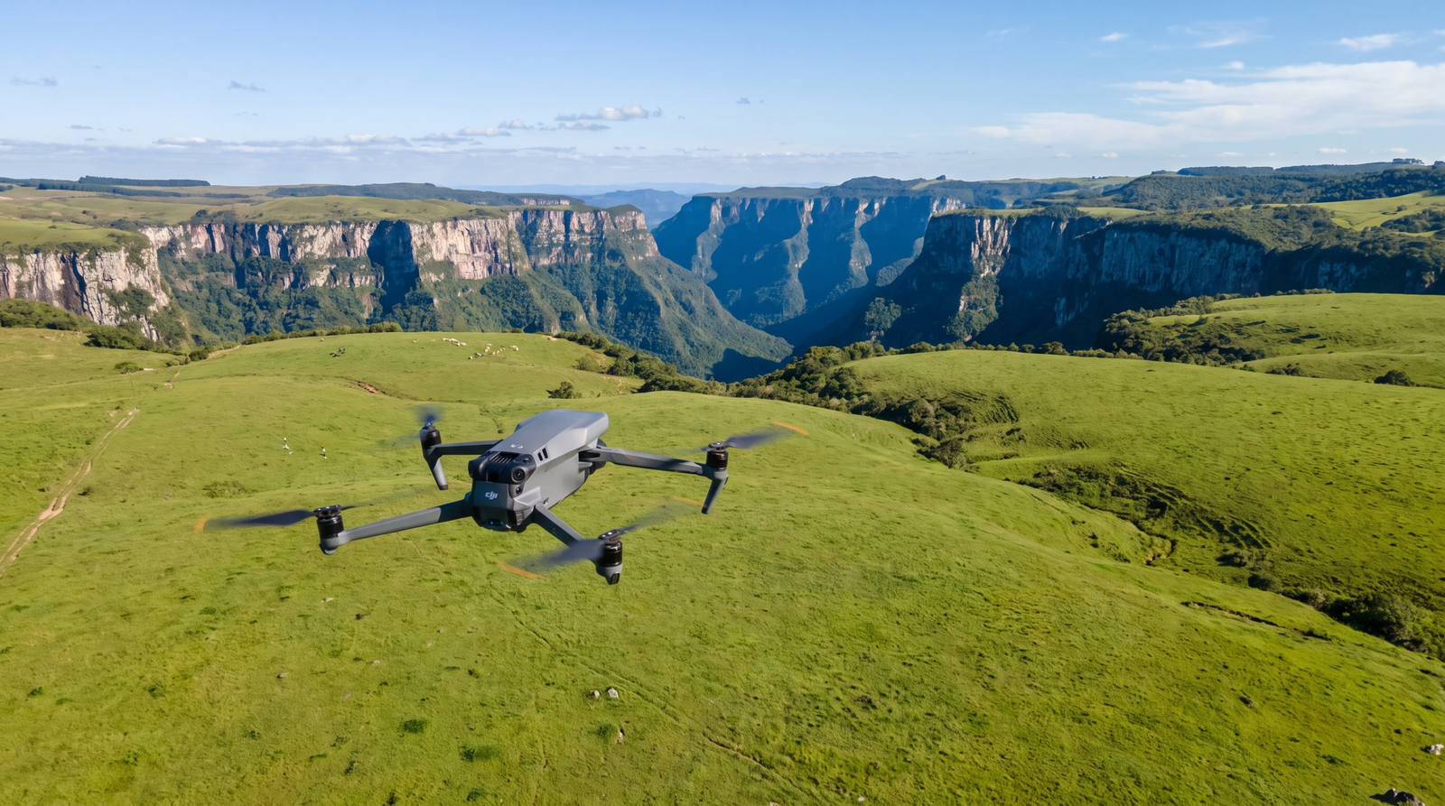 Drone DJI-style voando sobre os campos de Cambara do Sul fora do parque