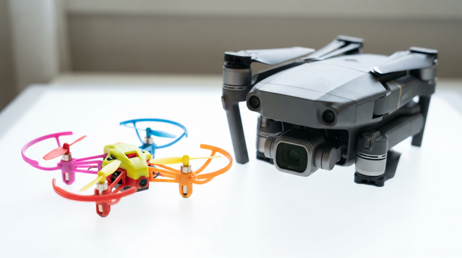 Drone de brinquedo generico ao lado de um drone DJI-style com gimbal sobre a mesa, mostrando o contraste