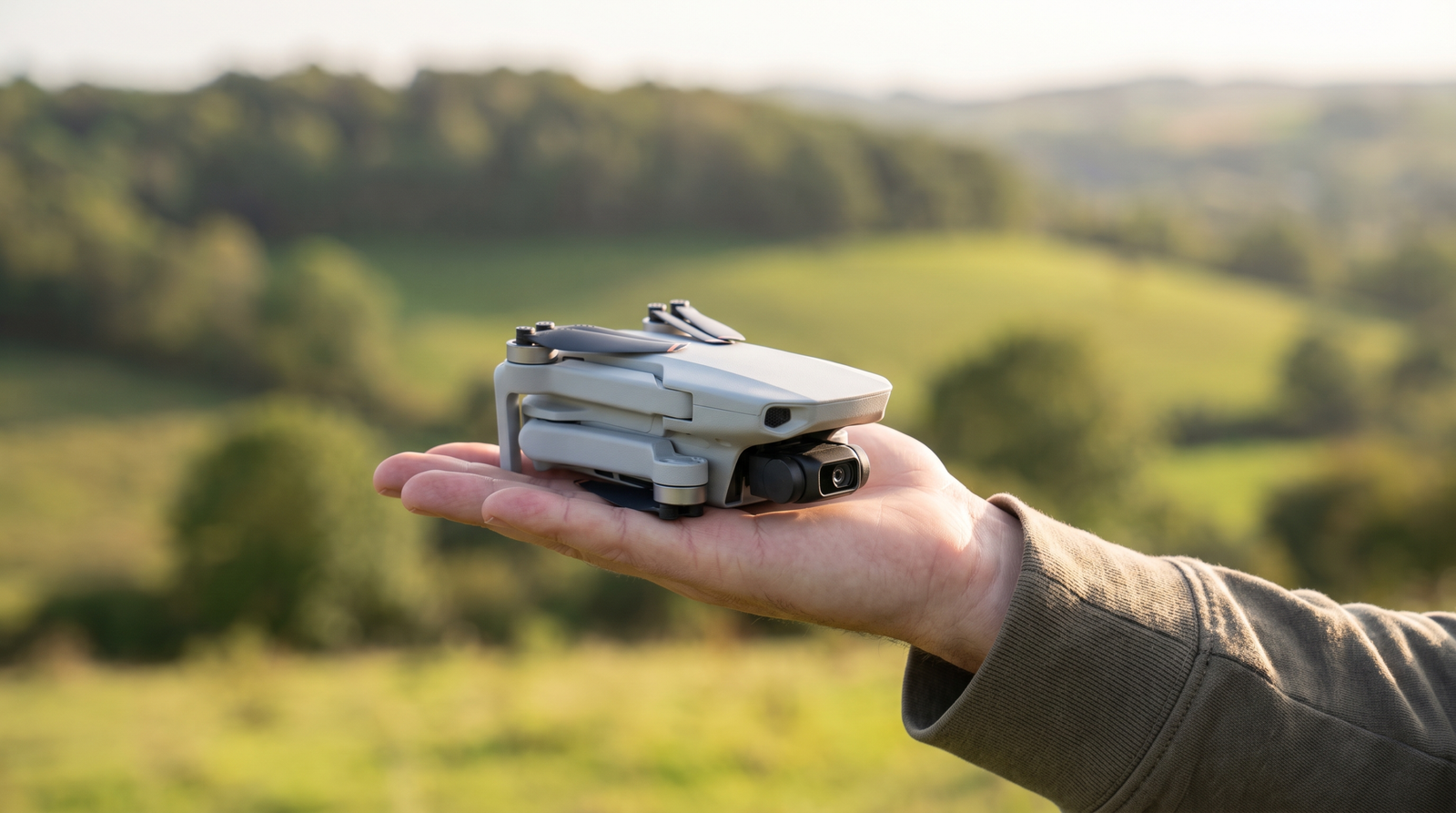 Drone DJI-style compacto de entrada na palma da mao ao ar livre, mostrando o porte pequeno