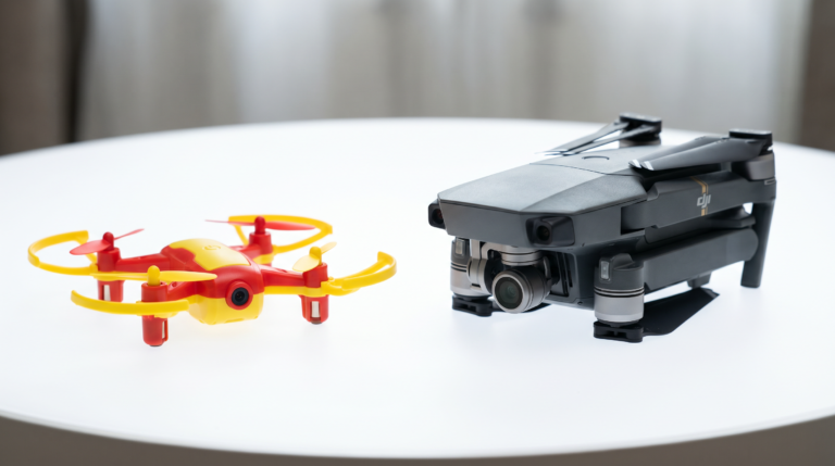 Drone de brinquedo generico ao lado de um drone DJI-style com gimbal, mostrando o contraste