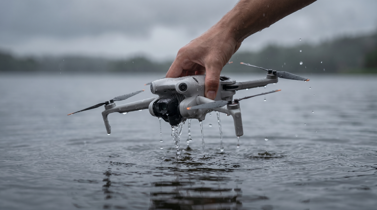 Drone pingando agua sendo retirado de um lago