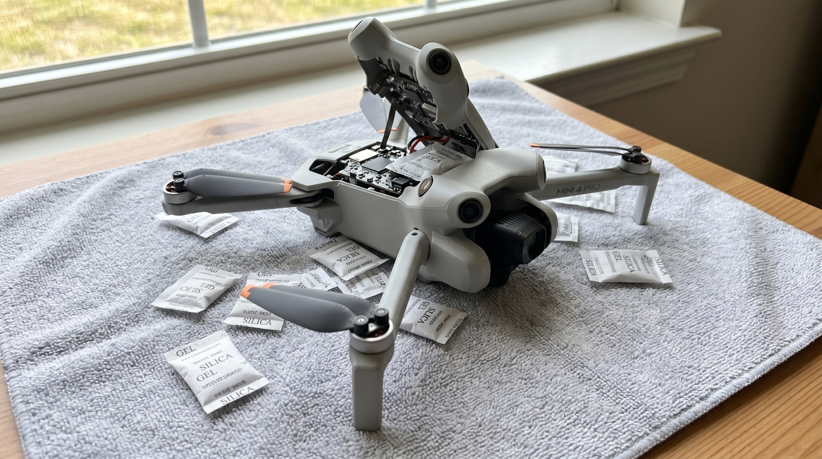 Drone secando sobre uma toalha com sachês de silica