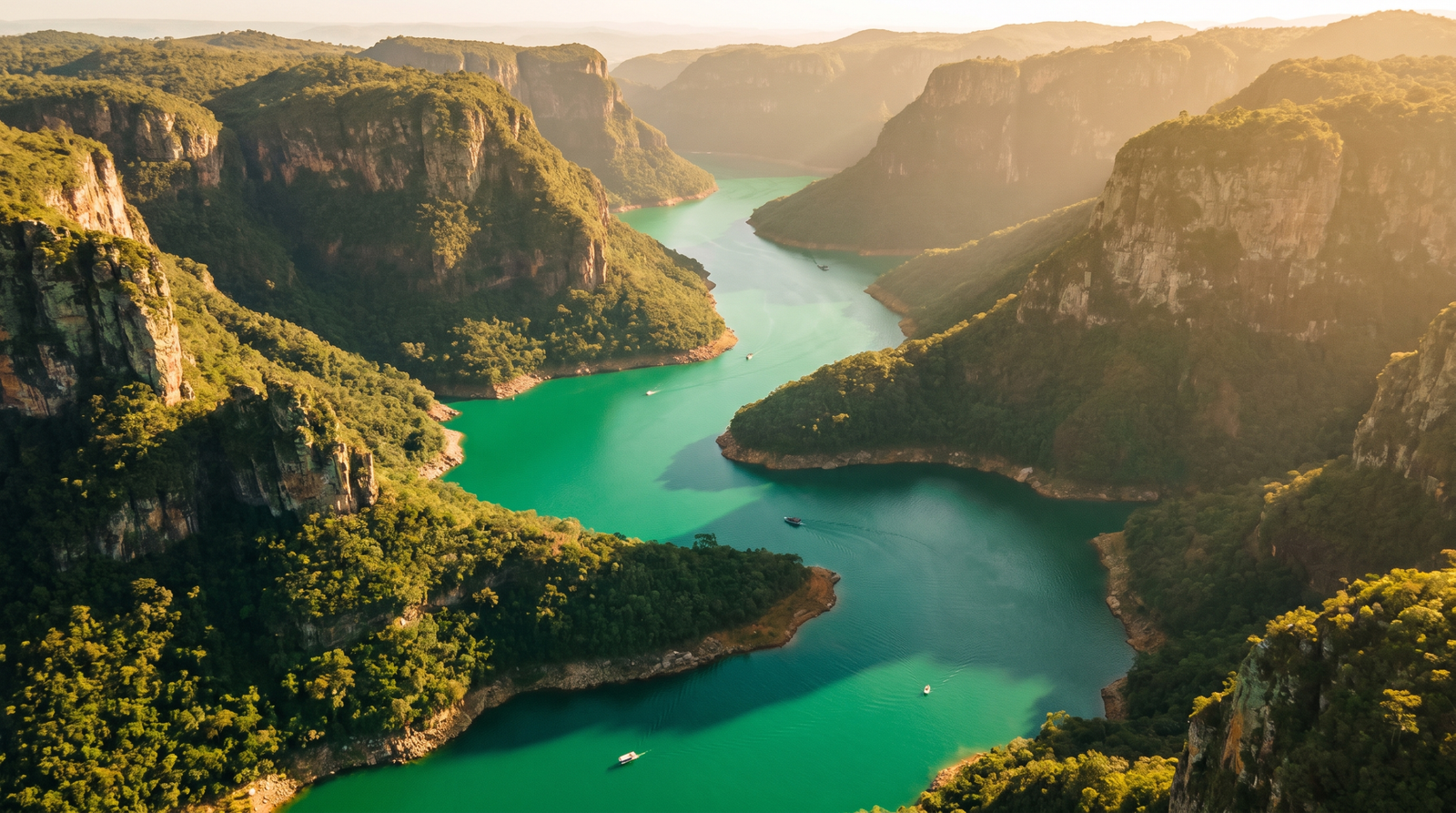 Foto aerea dos canions verdes e da agua azul-turquesa do Lago de Furnas em Capitolio