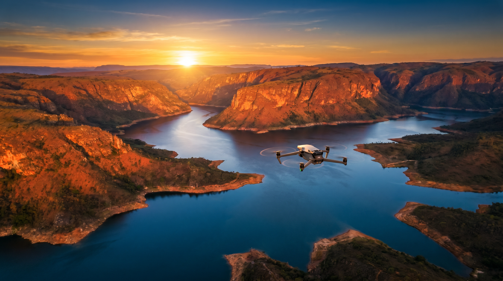 Drone DJI-style voando alto sobre o Lago de Furnas em Capitolio ao entardecer