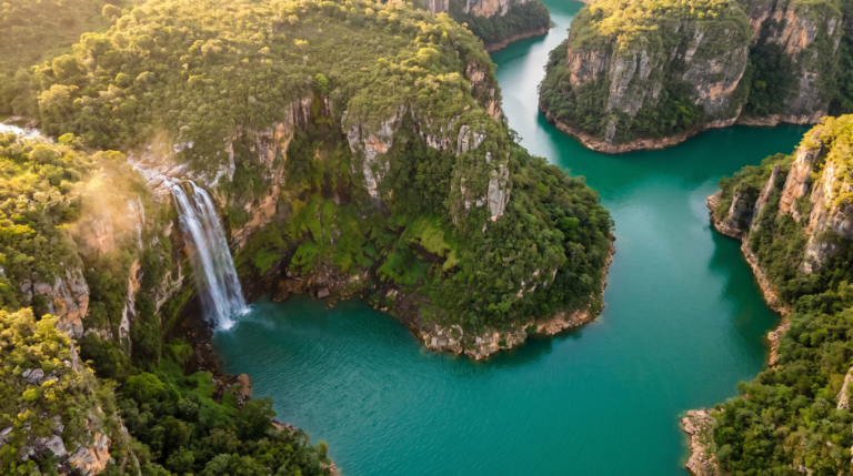 Vista aerea dos canions verdes e da agua azul-turquesa do Lago de Furnas em Capitolio