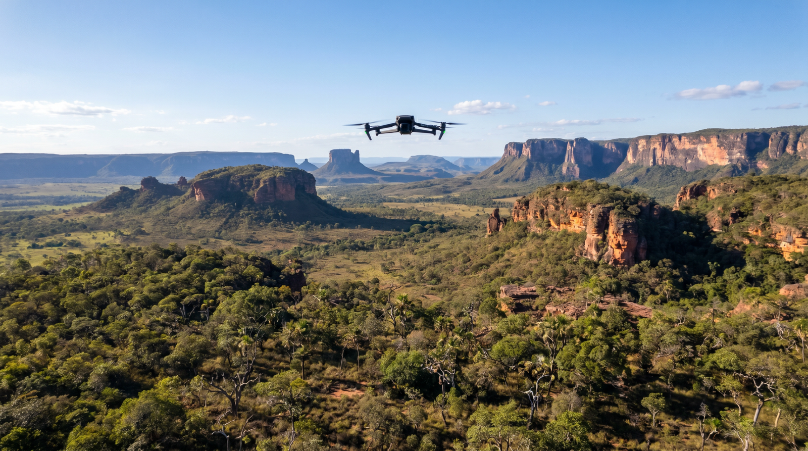 Drone DJI-style voando sobre o cerrado e as mesas da Chapada das Mesas fora do parque