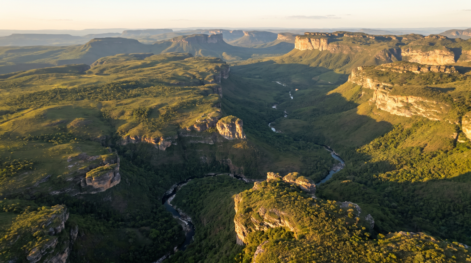 Foto aerea dos tepuis, canions e cerrado verde da Chapada Diamantina ao entardecer