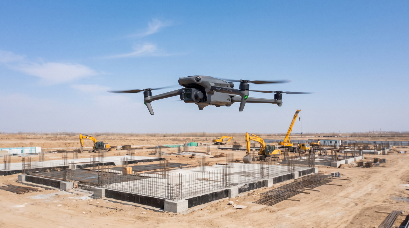 Drone DJI-style voando em grade sobre um canteiro de obras com fundacoes e maquinas