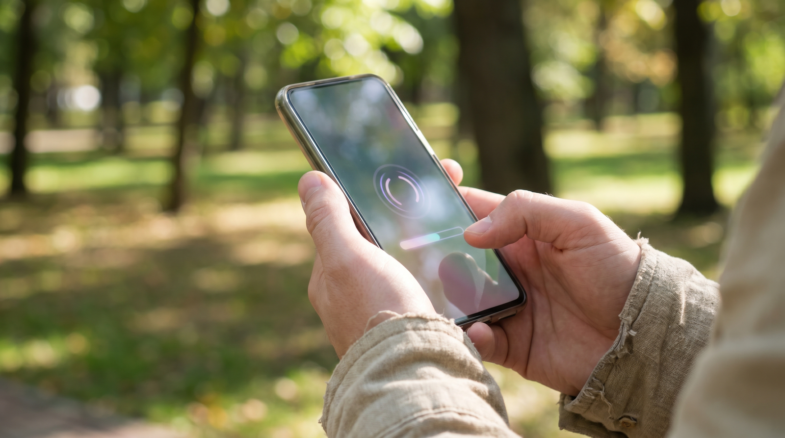 Smartphone mostrando a tela de conexao do app ao ar livre