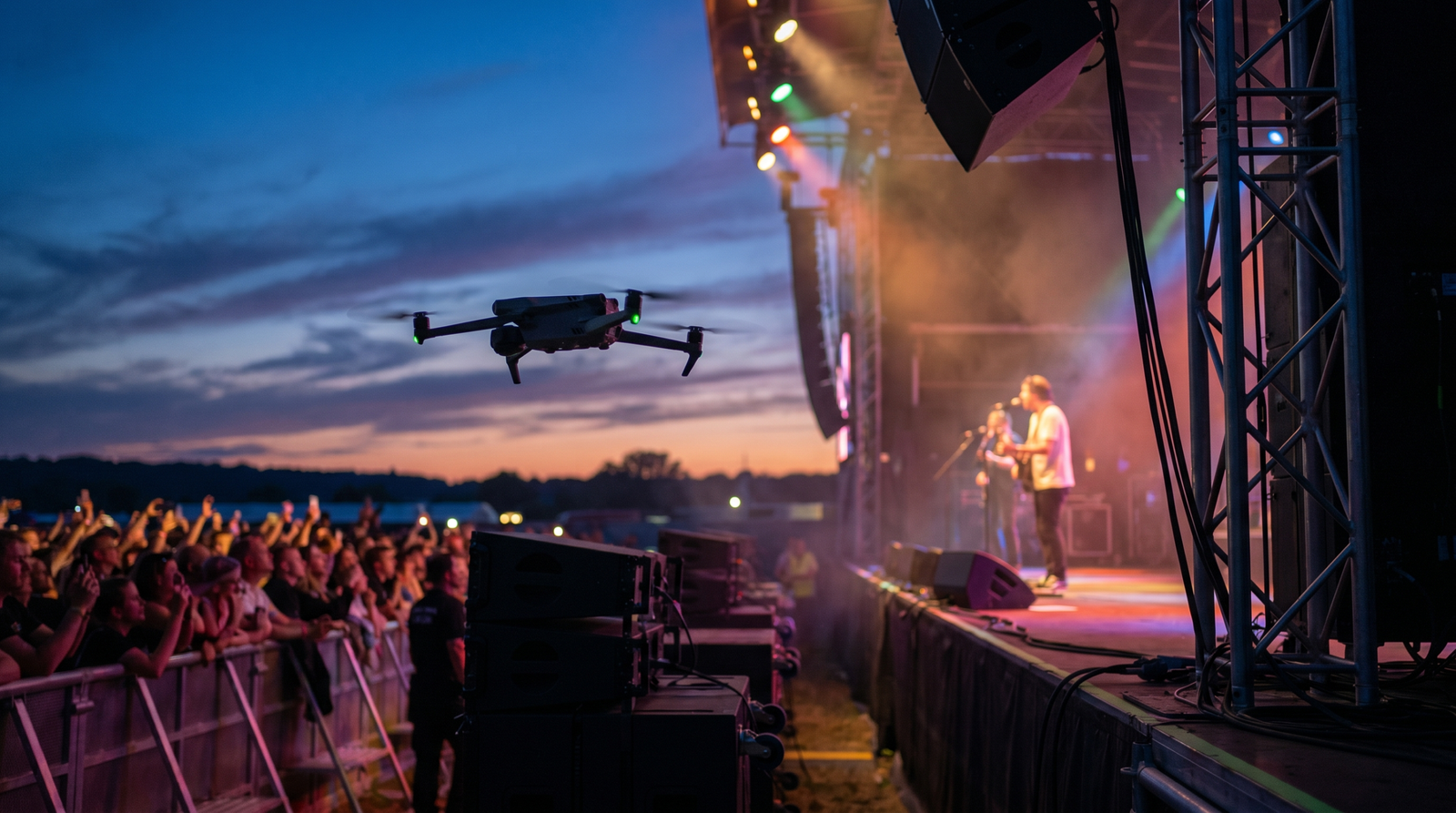 Drone filmando de lado um palco de show ao entardecer com publico ao fundo