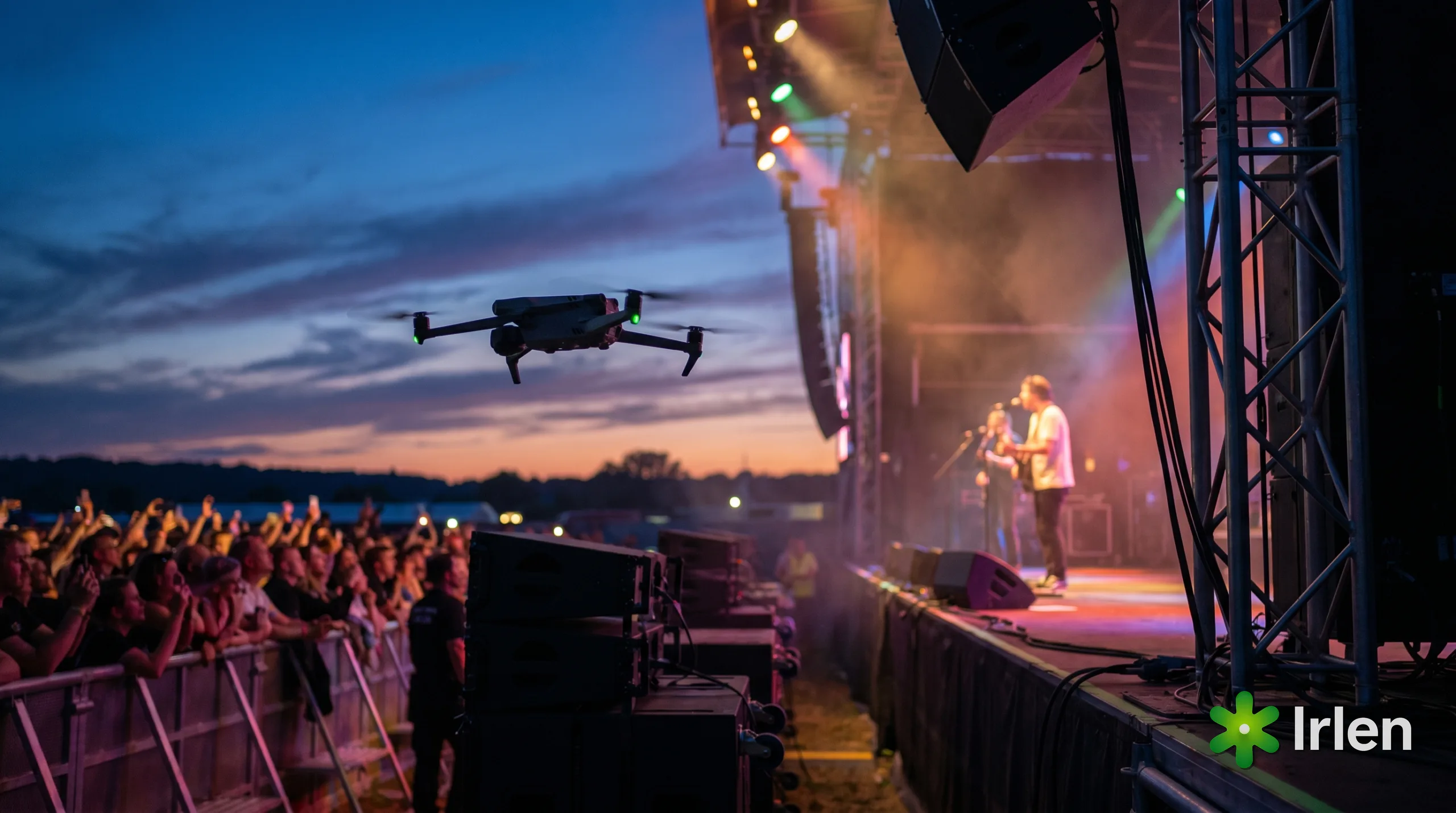Drone filmando de lado um palco de show ao entardecer com publico ao fundo