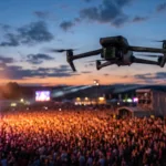 Drone filmando de lado um palco de show ao entardecer com publico e luzes ao fundo