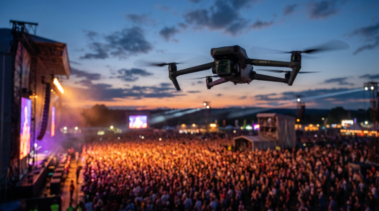 Drone filmando de lado um palco de show ao entardecer com publico e luzes ao fundo
