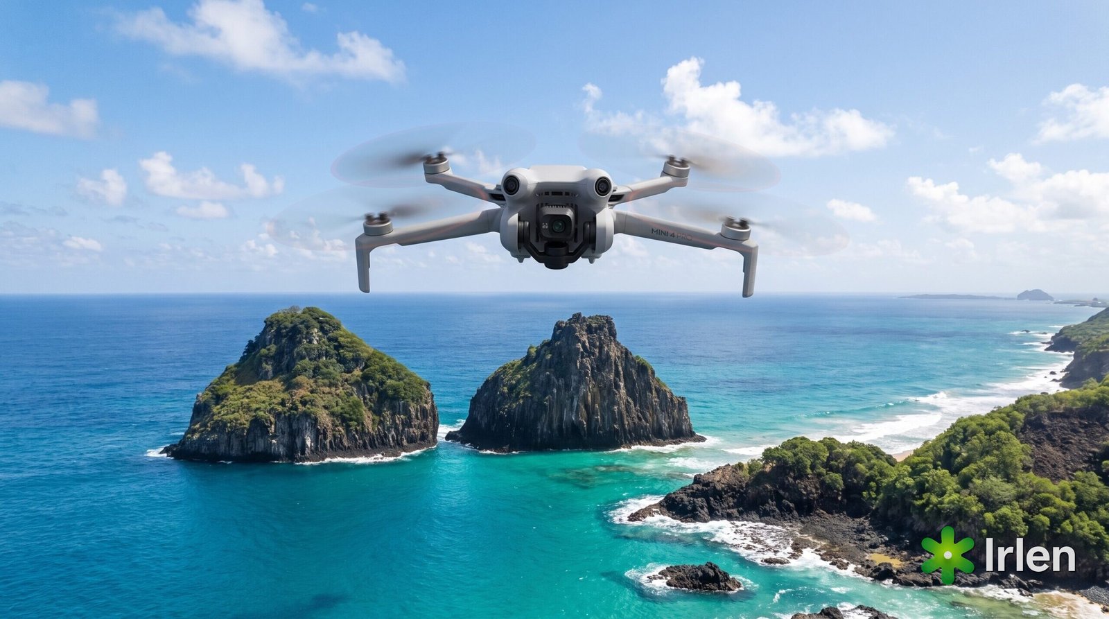 Drone DJI Mini 4 Pro sobrevoando o litoral de Fernando de Noronha
