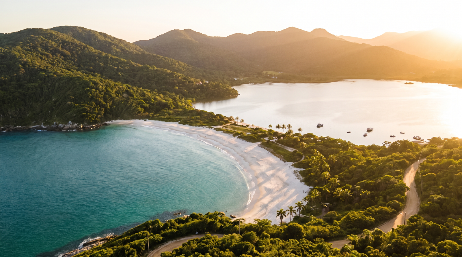 Foto aerea de uma praia de Florianopolis com morros verdes e mar turquesa ao entardecer