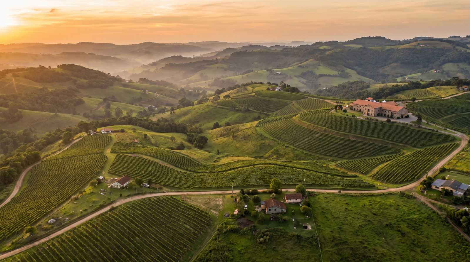 Foto aerea dos vinhedos e morros verdes da Serra Gaucha ao entardecer