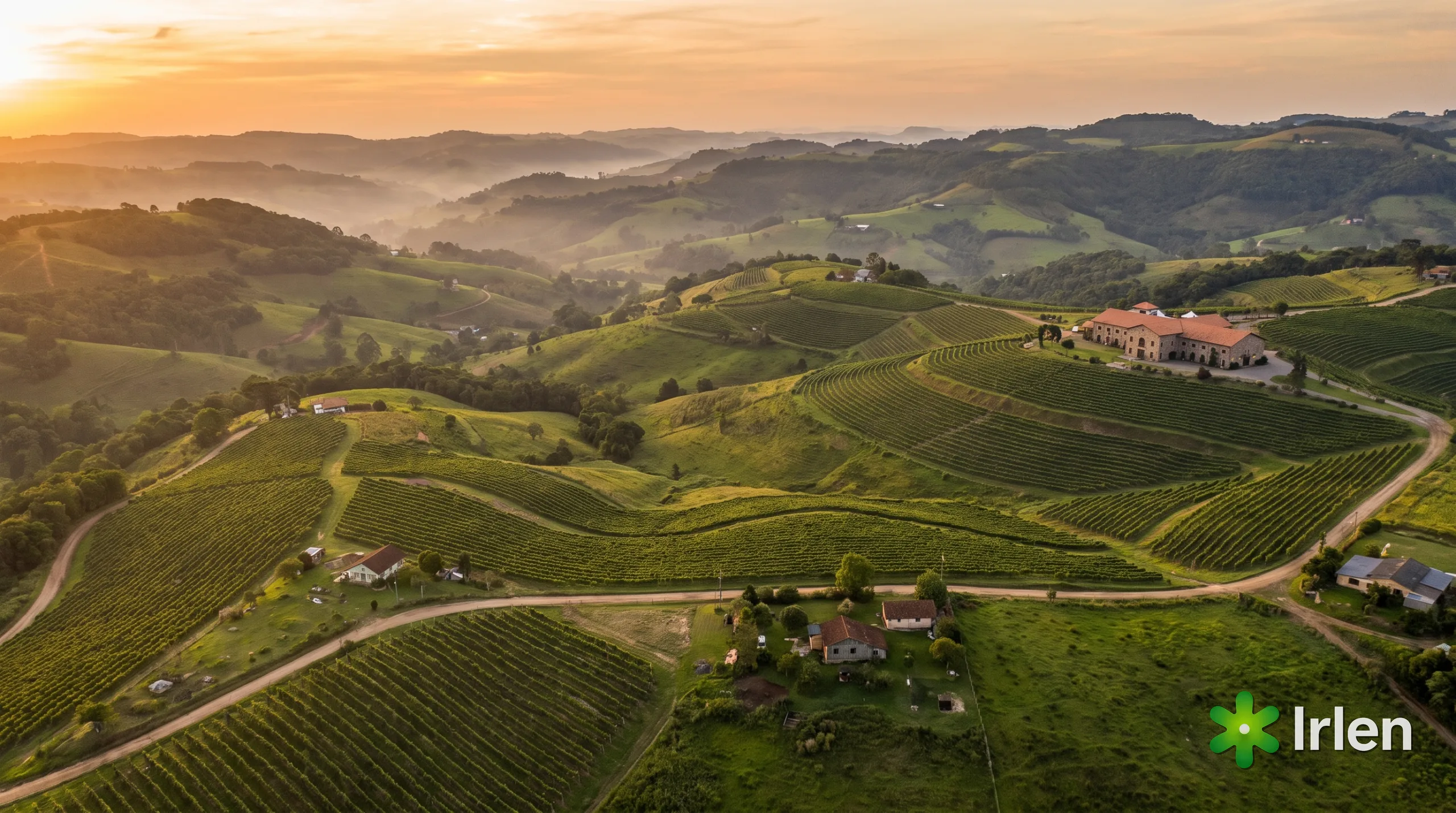 Foto aerea dos vinhedos e morros verdes da Serra Gaucha ao entardecer