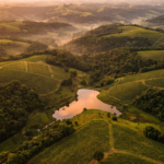 Vista aerea dos morros verdes e vinhedos da Serra Gaucha perto de Gramado ao entardecer
