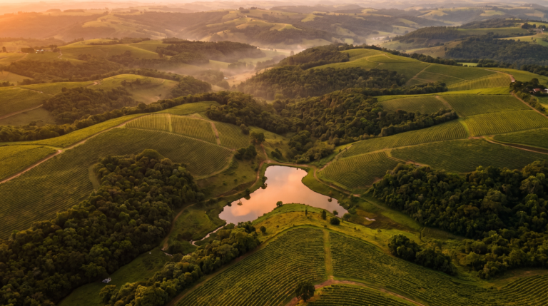 Vista aerea dos morros verdes e vinhedos da Serra Gaucha perto de Gramado ao entardecer