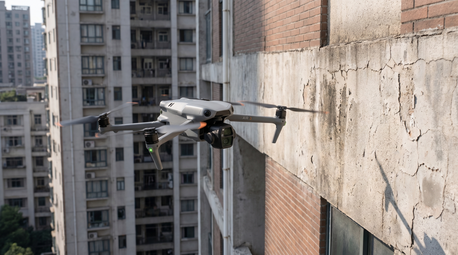 Drone inspecionando a fachada de um predio alto em area urbana
