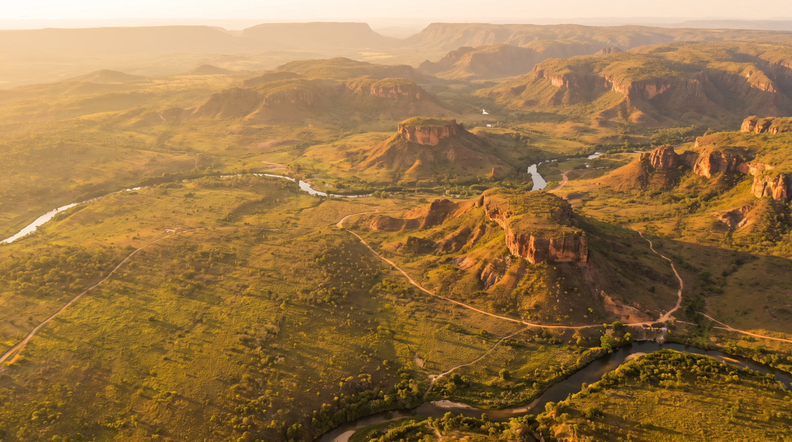 Foto aerea do cerrado e das serras alaranjadas do Jalapao ao entardecer