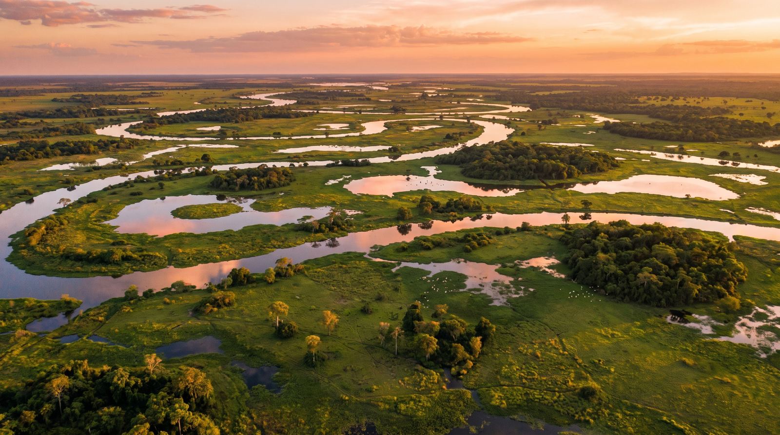 Foto aerea da planicie alagada do Pantanal ao entardecer com rios e lagoas