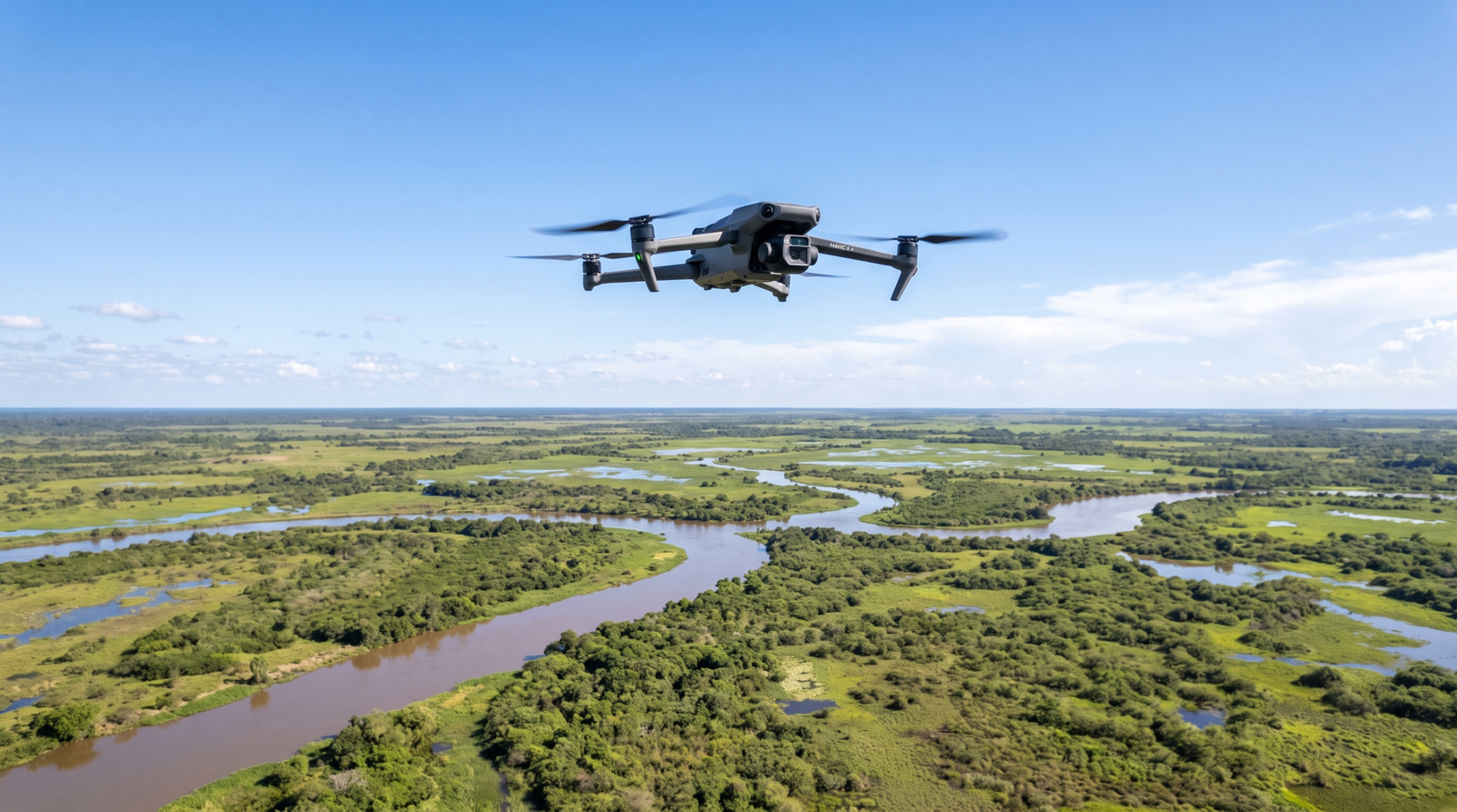 Drone DJI-style voando alto sobre a planicie do Pantanal, longe de animais e pessoas