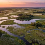 Vista aerea da planicie alagada do Pantanal ao entardecer com rios e lagoas