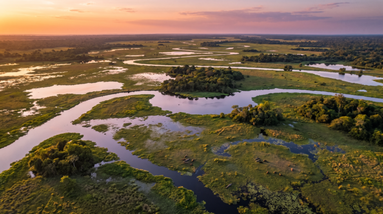 Vista aerea da planicie alagada do Pantanal ao entardecer com rios e lagoas